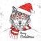 Christmas Hipster fashion animal wolf dressed a New Year hat