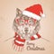 Christmas Hipster fashion animal wolf dressed a New Year hat
