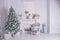 Christmas holiday background. Christmas tree with silver and white decoration. Beautiful Christmas tree closeup