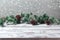 Christmas holiday background with empty wooden white table and Christmas festive lights