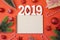 Christmas holiday background with notebook, 2019 new year and de