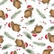 Christmas holiday background, seamless repeat pattern with watercolor Christmas teddy bear,fir tree and berries, cartoon Christmas