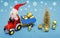 Christmas holiday celebration concept. Santa Claus carrying Xmas balls on tractor with trailer.