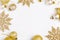 Christmas holiday composition. Festive creative golden pattern, xmas gold decor holiday ball, snowflakes