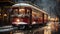 Christmas Holiday Decorated Town Trolley Driving Down the Street. Generative AI