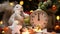 Christmas or holiday decoration background - small fir tree, retro alarm clock shows midnight and sweet food. New year still life