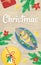 Christmas holiday dinner. Flat lay with fried carp, fir branches and gifts. Christmas party poster