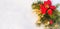 Christmas holiday faux poinsettia pine wreath with white copyspace.