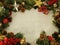 Christmas holiday frame with evergreen branches, merry Christmas, jingle bells, stars, berries, bird,