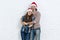 Christmas Holiday Happy Couple Wear New Year Santa Hat Cap, Man And Woman Love Smile Embracing