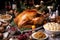 christmas holiday meal, with roast turkey, stuffing and gravy on the table