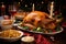 christmas holiday meal, with roast turkey, stuffing and gravy on the table