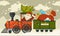 Christmas holiday preparation Santa Claus with evergreen tree riding old locomotive vector winter character