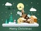 Christmas holiday season background with Santa Claus on the sky coming to snowing urban landscape.