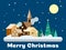 Christmas holiday season background of snowing urban landscape in flat design with snow man at night times.