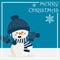 Christmas holiday season background with Snowman with scarf, snowflakes and Merry Christmas text on blue background.
