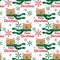 Christmas holiday season seamless pattern with Cute bear in green scarf, snowflakes and Happy Christmas text.