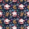 Christmas holiday season seamless pattern with Santa Claus, reindeer, snowflake and gift box.