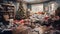 Christmas holiday stress, Stressful time. Christmas chaos at home. Living room on xmas morning with unpacked gifts, mess of