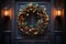 Christmas holiday wreath hanging on a door, adorned with shimmering ornaments and twinkling lights