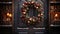 Christmas holiday wreath hanging on a door, adorned with shimmering ornaments and twinkling lights