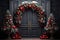 Christmas holiday wreath hanging on a door, adorned with shimmering ornaments and twinkling lights