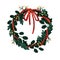 Christmas holiday wreath with red ribbon, tied bow, leaf, eucalyptus. Modern design of Xmas circle decoration for winter