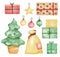 Christmas holidays clipart, Watercolor christmas tree, bag with presents, gift box set, New Year time decoration, xmas decoration