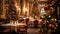 Christmas holidays and New Year celebration, dinner table at a luxury English styled restaurant or hotel interior, Christmas tree