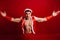 Christmas holidays. strong santa claus wearing hat. Young muscular man. red background.