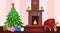 Christmas home interior. Tree with gifts, fireplace and chair in living room