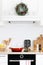 Christmas home kitchen interior with wooden worktop and kitchenware, holiday cooking background