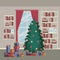 Christmas home scene with window background and bookshelf of books and christmas tree and gifts
