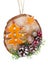 Christmas homemade decoration toy  in rustic style made  of dry red orange peels, cones and  berries and wooden cut slice