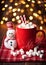 Christmas hot chocolate with marshmallow snowman on cozy background