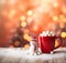 Christmas hot chocolate with marshmallow snowman on cozy background