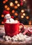 Christmas hot chocolate with marshmallow snowman on cozy background