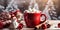 Christmas hot chocolate with marshmallow snowman on cozy background