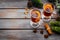 Christmas hot drink in glasses - mulled red wine with spices and decoration