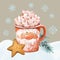 Christmas hot drink, marshmallows, cookie, spruce branch