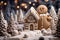 Christmas house, Christmas tree and gingerbread snowman on a background of festive golden bokeh. !hristmas baking, sweets. Hand