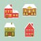 Christmas house set with snow on the rooftop. Xmas decoration house with chimney. multicolor houses. Cute Christmas-decorated