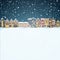 Christmas house in snowfall at the night. Happy holiday greeting card with snow town skyline. Midtown houses panorama