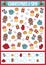 Christmas I spy game for kids. Searching and counting activity with cute kawaii holiday symbols. Winter printable worksheet for