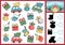Christmas I spy and shadow match game for kids. Searching and counting activity with cute kawaii winter holiday symbols. New Year