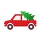 Christmas icon. Happy new year holiday and Merry Christmas. Vector illustration red car carrying green christmas tree