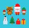 Christmas icon set. Santa Claus and deer. Red bag and Snowman. Xmas symbol. New Year sign
