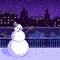 Christmas illustration of city at night: quay, winter, snowman