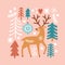 Christmas illustration. Cute deer, christmas trees, fir branches, snowflakes.