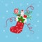 Christmas illustration with cute Holiday sock and holiday symbols - ribbons, candies and snow. Stock  illustration